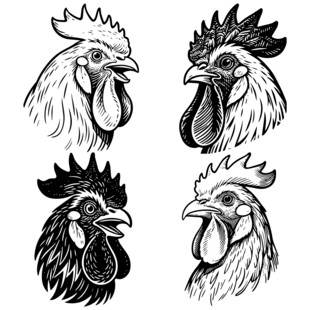四只公鸡头部黑白插画