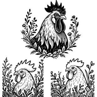 公鸡花卉装饰图案设计