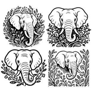 四幅大象黑白插画图案