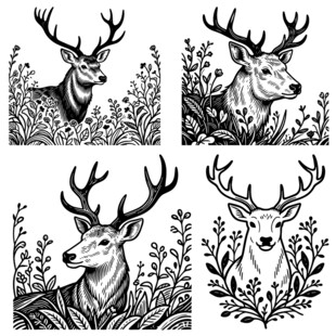 四幅鹿与植物装饰插画