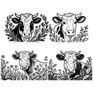 四幅牛的黑白插画图案