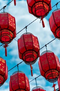空中悬挂的喜庆红灯笼