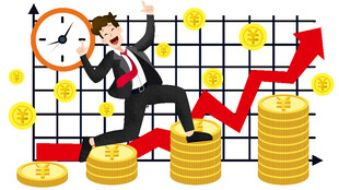 商务人士跨越金币与增长曲线