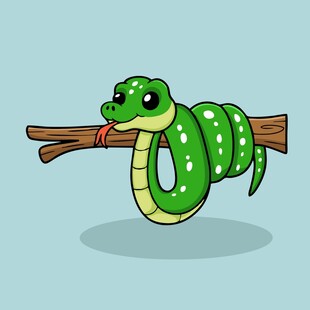 绿色卡通蛇盘在树枝上