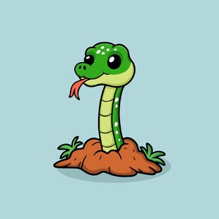 可爱绿蛇从土中探出脑袋