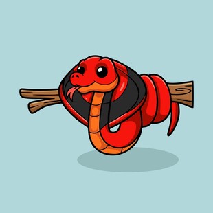 卡通红蛇盘于树枝上
