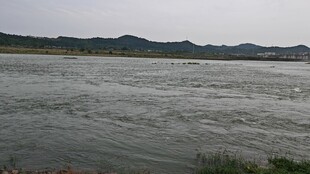 宽阔河流与远处山峦景色