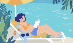 泳池边惬意阅读的女士