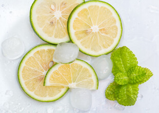 鲜切青柠配薄荷叶与冰块