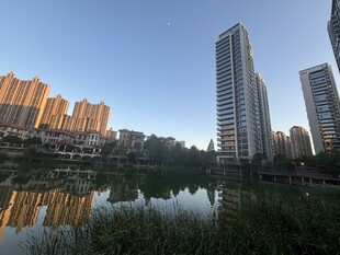 城市湖畔高楼倒影美景