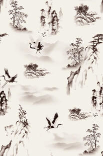 水墨山水间飞鸟人物景致