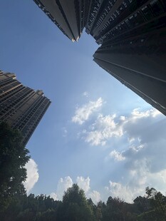 仰视城市高楼与蓝天白云