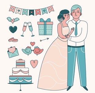 浪漫婚礼情侣与装饰元素