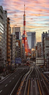 东京城市铁轨与塔的黄昏景