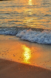夕阳下的海浪与金色沙滩