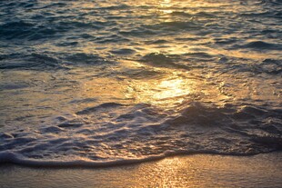 夕阳下的海浪轻拍沙滩