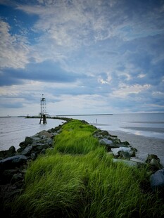 海边绿径与远处灯塔美景