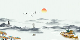 水墨山水间的落日飞鸟景