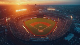 夕阳下的大型足球场