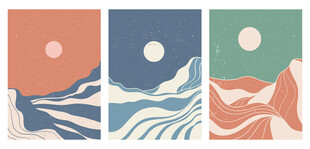 三幅山川日月抽象艺术插画