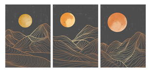 三联抽象山水金月装饰画