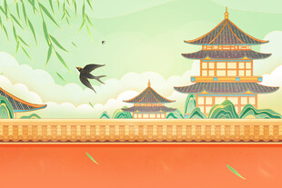 古风楼阁旁飞鸟与垂柳