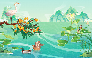 春日荷塘禽鸟嬉戏图