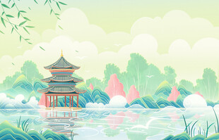 古风湖畔楼阁美景