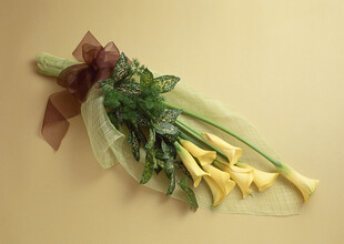 黄色花束配绿色枝叶装饰