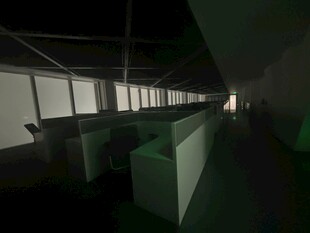 昏暗室内的长列柜台场景