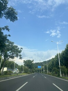 宽阔公路旁绿树蓝天相伴