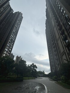雨中高楼间的空旷道路