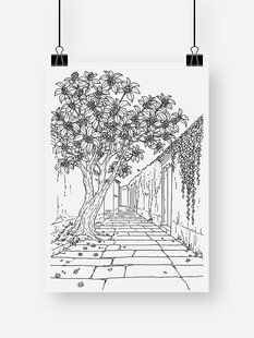 手绘庭院小路静谧风景