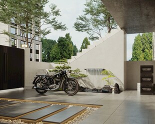 户外停放的摩托车与周边景致