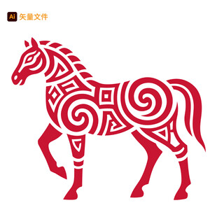红色剪纸风奔跑骏马插画