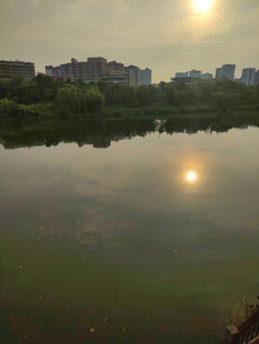 夕阳下平静的湖景风光