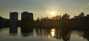 夕阳下的城市湖景风光
