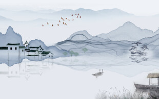 水墨蓝色飞鸟山水画