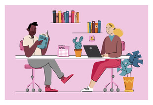 两人桌边办公阅读场景