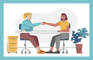 两人桌边握手交流场景