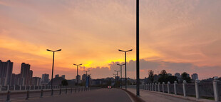 夕阳下的城市桥梁道路场景