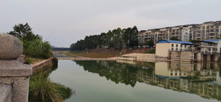 堤坝上游静谧水边建筑群