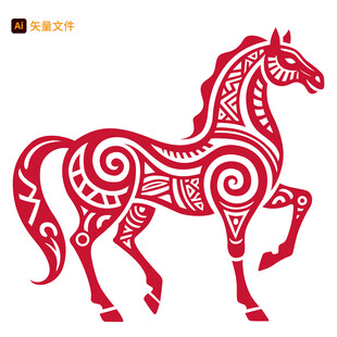 红色剪纸风奔腾骏马图案