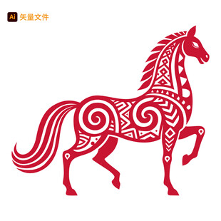 剪纸风红色骏马图案