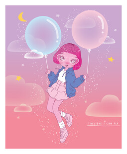 梦幻少女手持气球飘于云端