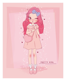 粉色系可爱长发女孩插画