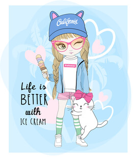 戴猫耳帽的可爱女孩与猫