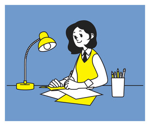 女孩灯下专注伏案创作