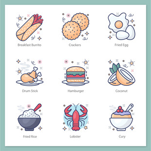 卡通风格的多样美食图标