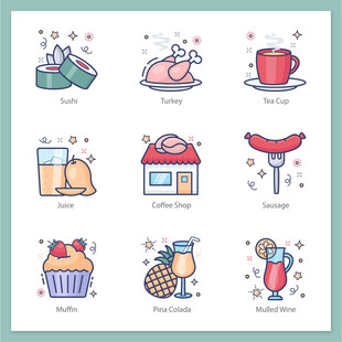 多彩美食与饮品图标集